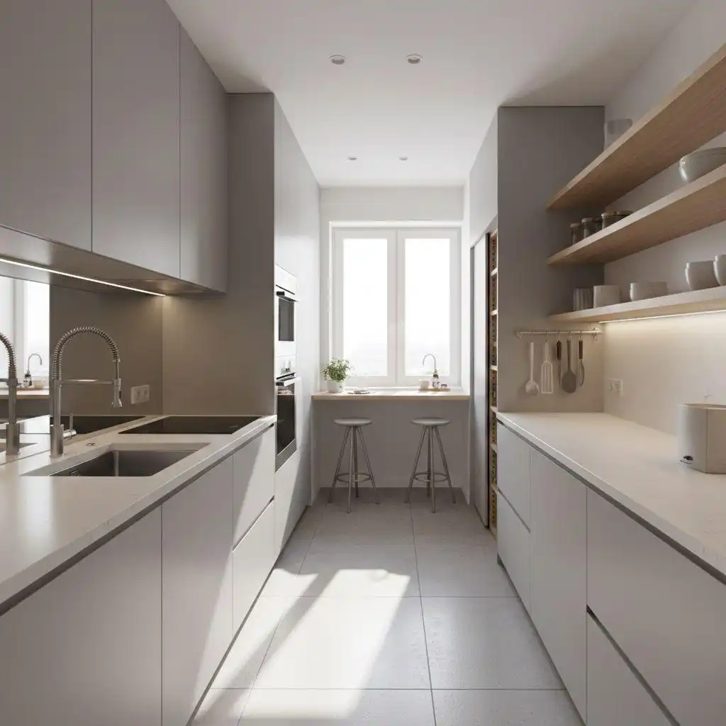 Modern minimalist grey galley kitchen layout ideas to maximize space with integrated appliances and a wooden window breakfast bar.