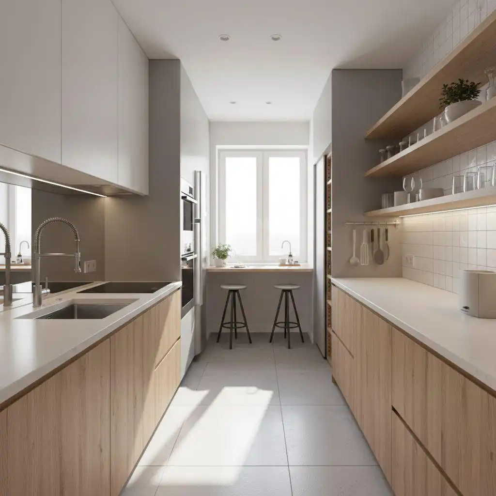 Small galley kitchen layout featuring light wood lower cabinets, white upper cabinets, and open wooden shelving.