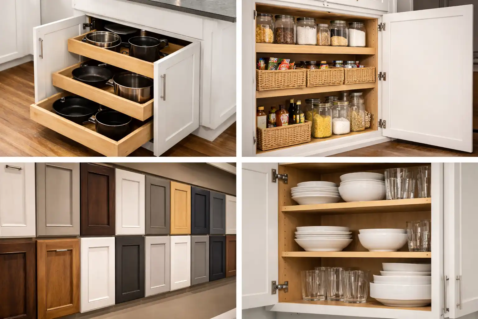 Pull-out drawers for pots, organized pantry shelves, and various standard kitchen cabinet door color samples.
