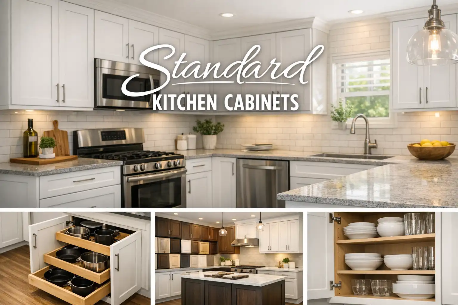 A bright kitchen featuring white standard kitchen cabinets with granite countertops and a central island.