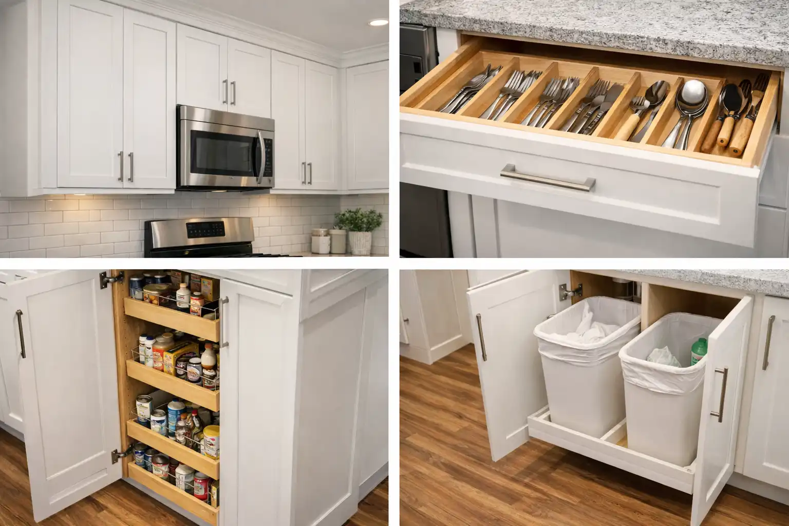 Close-up of standard kitchen cabinets featuring a built-in cutlery tray, pull-out spice rack, and double trash bin drawer.