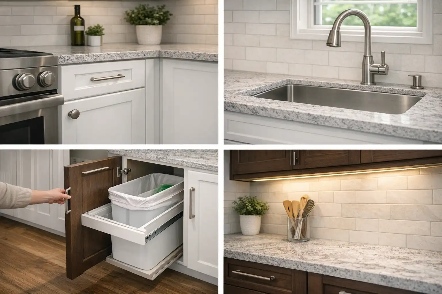 Under-cabinet lighting on standard kitchen cabinets with a stainless steel undermount sink and stone countertops.