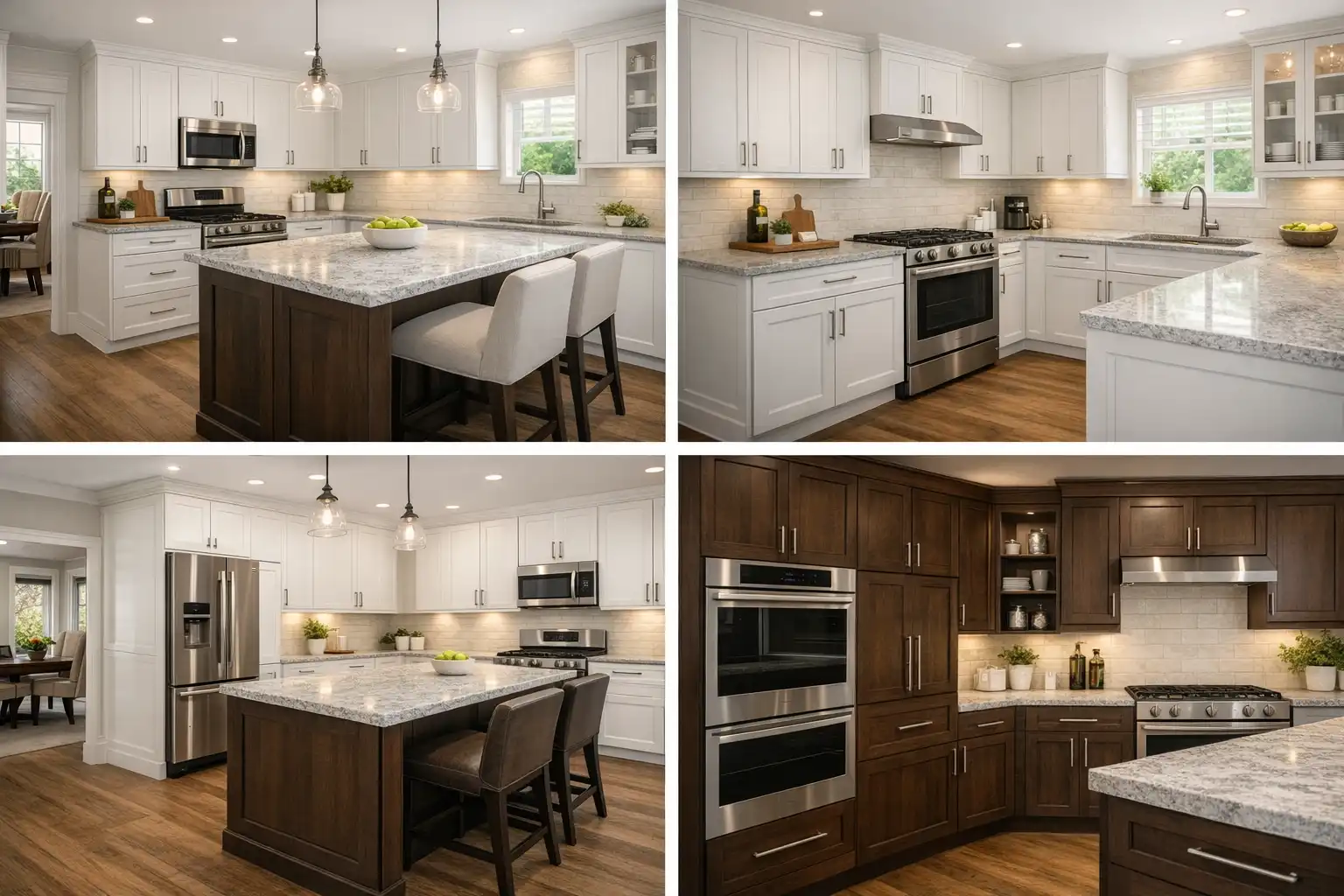 Collage showing white and dark wood standard kitchen cabinets in different kitchen island configurations.