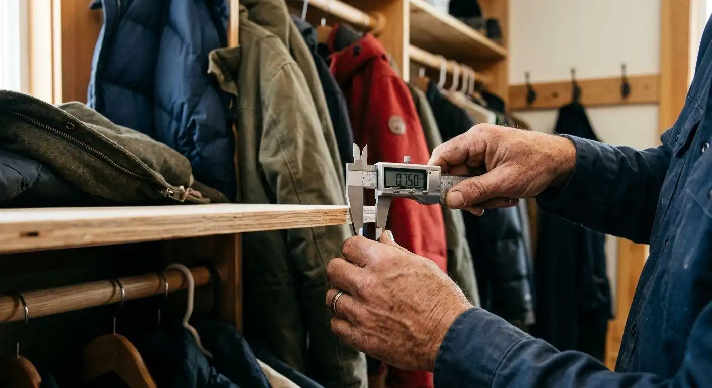 A close-up shot showing a person’s hands using a digital caliper to precisely measure the thickness of a light oak wood shelf. The foreground shows a worn canvas jacket, and the background reveals a bustling, well-stocked open closet with colorful coats and more shelving, emphasizing precision and craftsmanship in custom wardrobe design.