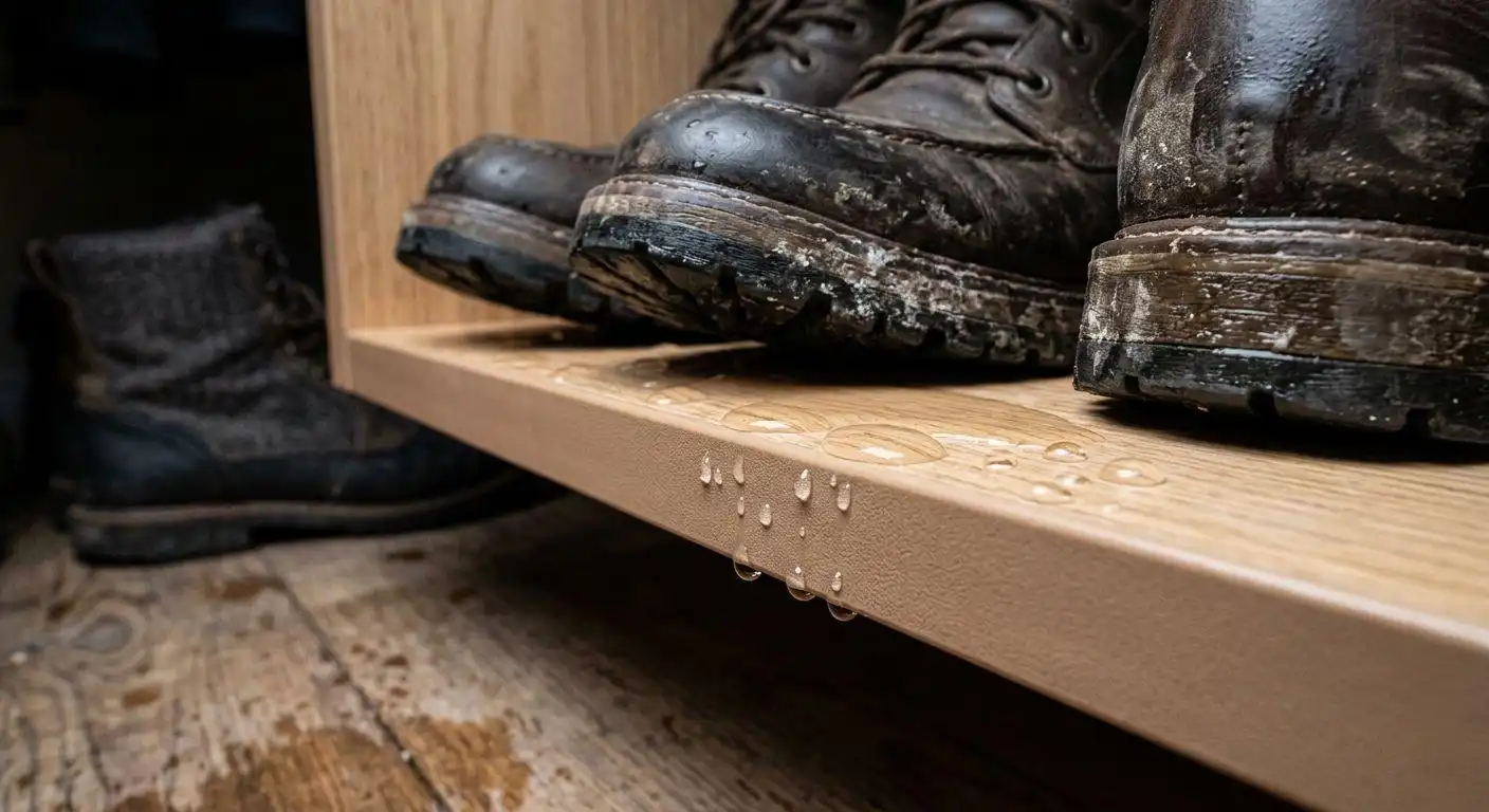 A focused close-up on the lower section of a light wood custom storage unit. Several pairs of heavily caked and muddy work boots are lined up. Clear water droplets are visibly beading and dripping from the edge of the lower wooden shelf, demonstrating a practical custom mudroom organization solution designed for damp and outdoor gear.