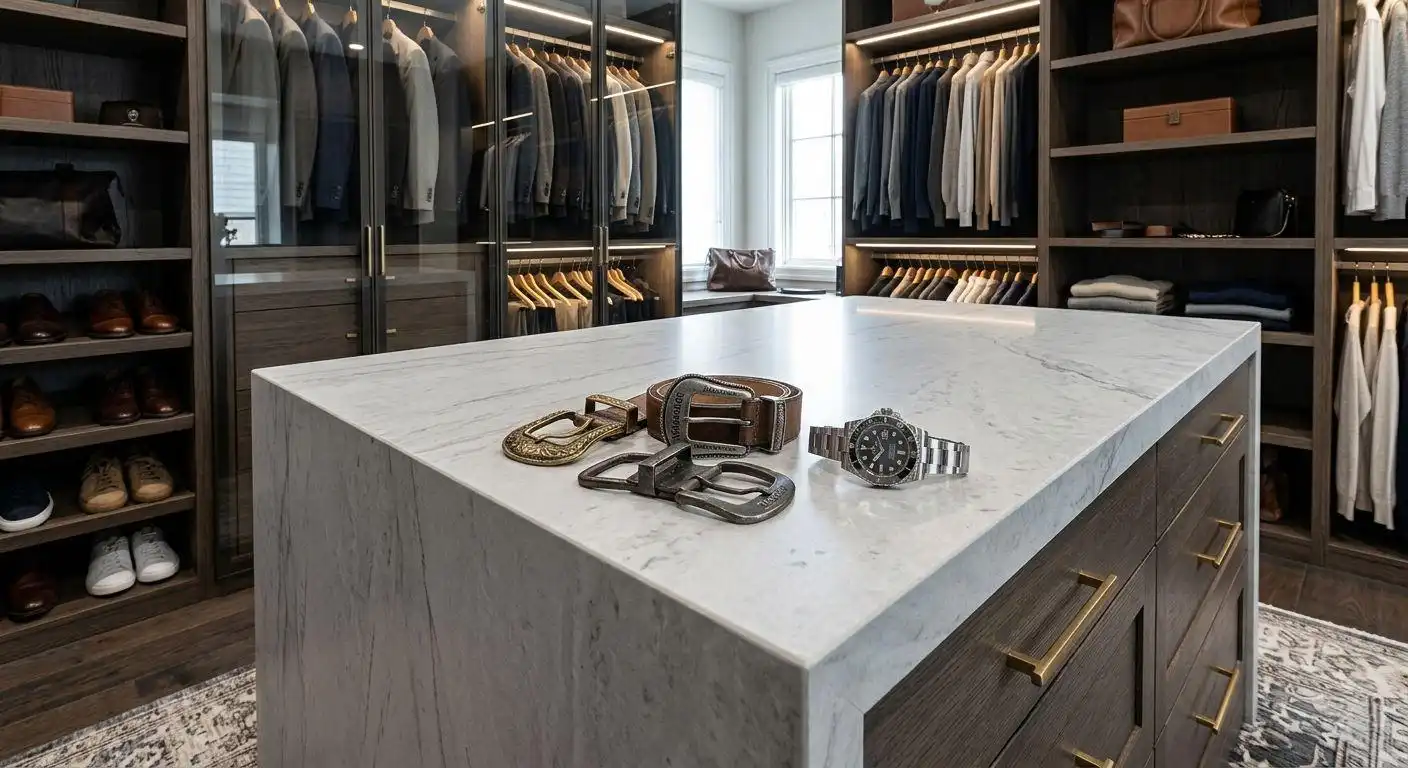 A wide-angle, low-key view of a large, luxurious dark wood walk-in wardrobe with floor-to-ceiling cabinetry and integrated lighting. In the foreground, a large, light grey marble-topped custom wardrobe island displays several luxury leather belts, ornate buckles, and a silver luxury watch, defining the central hub of a sophisticated design.