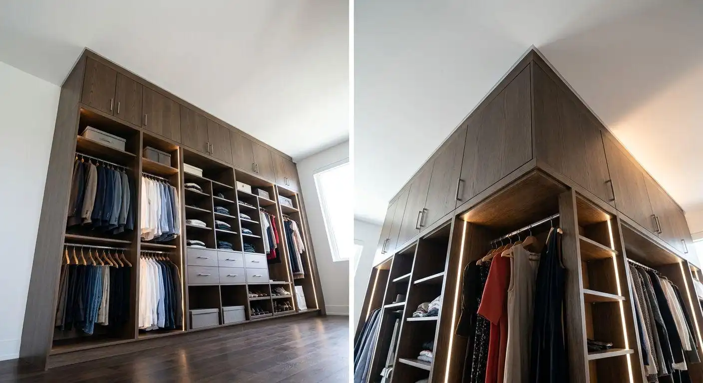 A multi-panel view, from a low angle, of an immense, floor-to-ceiling custom dark wood wardrobe system. The design features dramatic, vertically integrated LED strip lighting, open shelving packed with folded clothes, numerous upper storage cabinets with sleek hardware, and specialized sections for hanging clothes and a built-in shoe rack, emphasizing the architectural design.