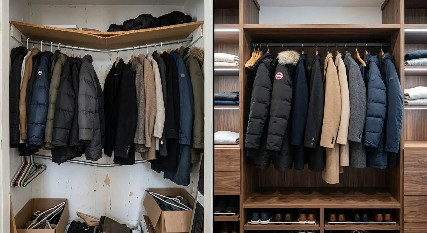 A side-by-side comparison. The left image shows a cluttered and disorganized closet with mismatched clothing and temporary shelving. The right image displays a beautifully designed custom dark wood walk-in wardrobe featuring built-in lighting, open shelves with folded knitwear, hanging rods with sorted coats, and a integrated shoe rack, illustrating a high-end organizational transformation.