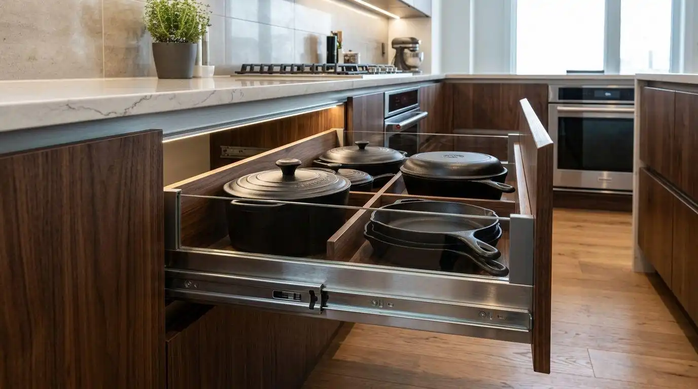 Heavy-duty kitchen cabinet hardware featuring smooth-glide under-mount slides supporting a deep wooden drawer filled with cast iron pots.