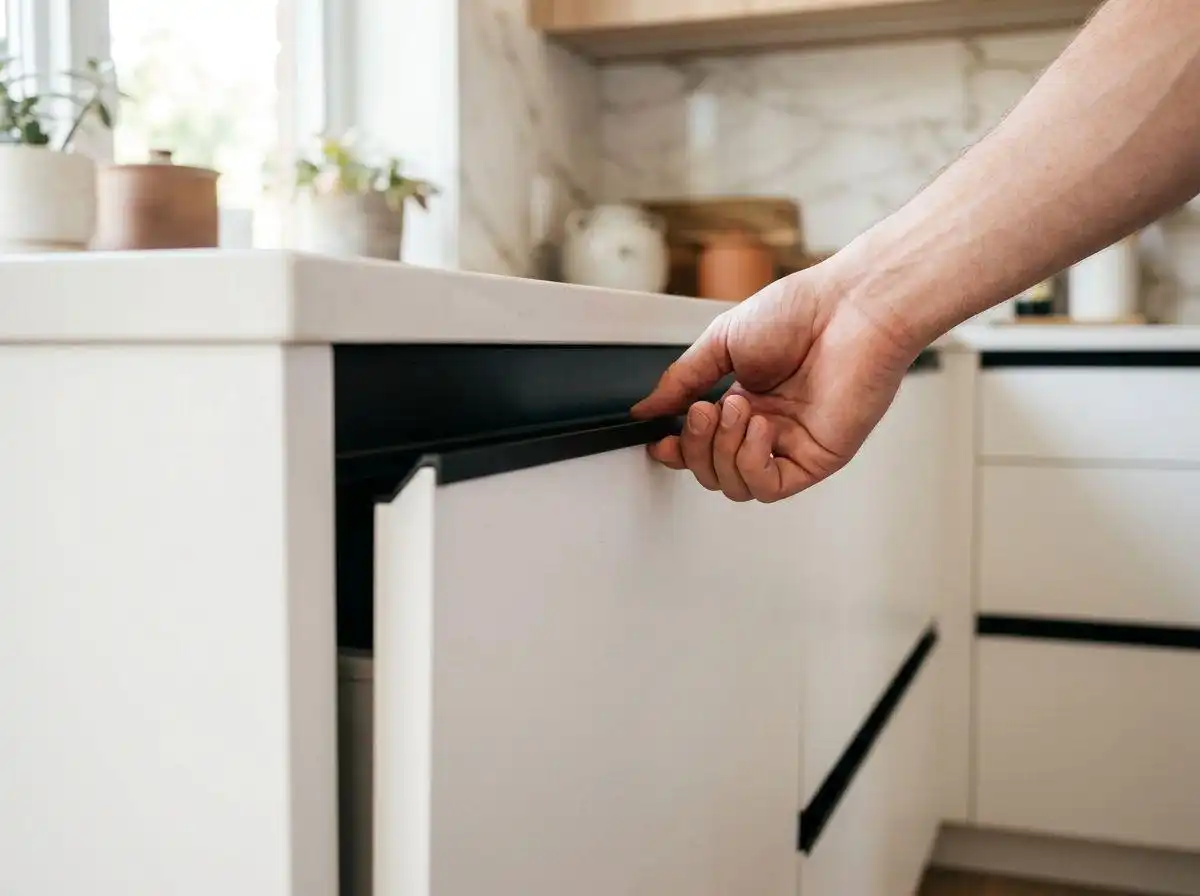Close-up of a hand opening a modern white kitchen cabinet using integrated minimalist kitchen cabinet hardware for a seamless, handleless look.