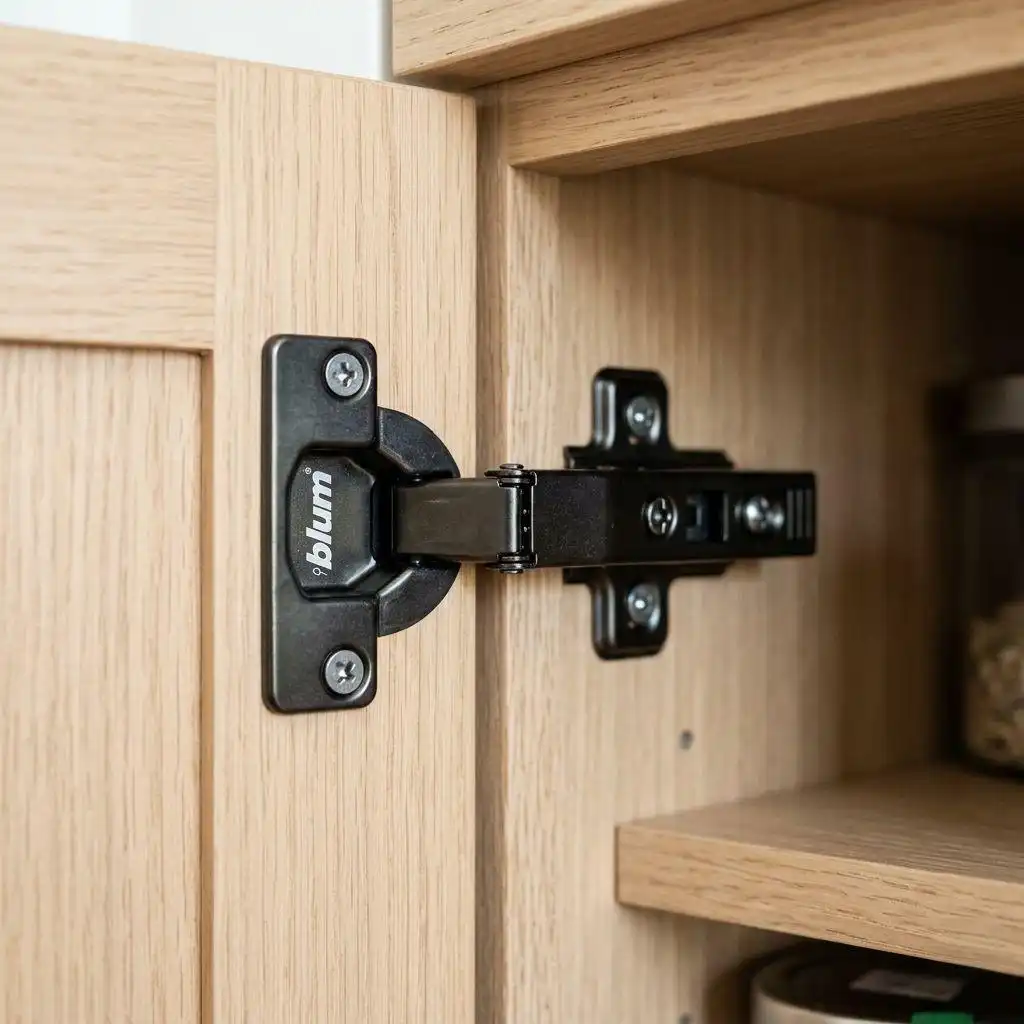 Close-up of a black Blum soft-close hinge installed on a light oak kitchen cabinet, representing premium kitchen cabinet hardware.