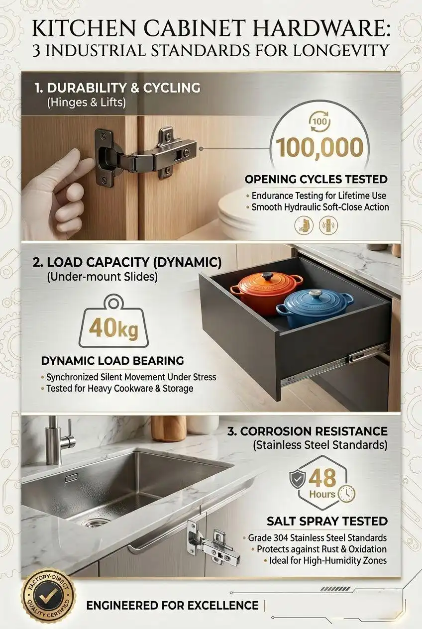 Infographic showing kitchen cabinet hardware industrial standards: 100,000 opening cycles for hinges, 40kg load capacity for slides, and 48-hour salt spray corrosion resistance.