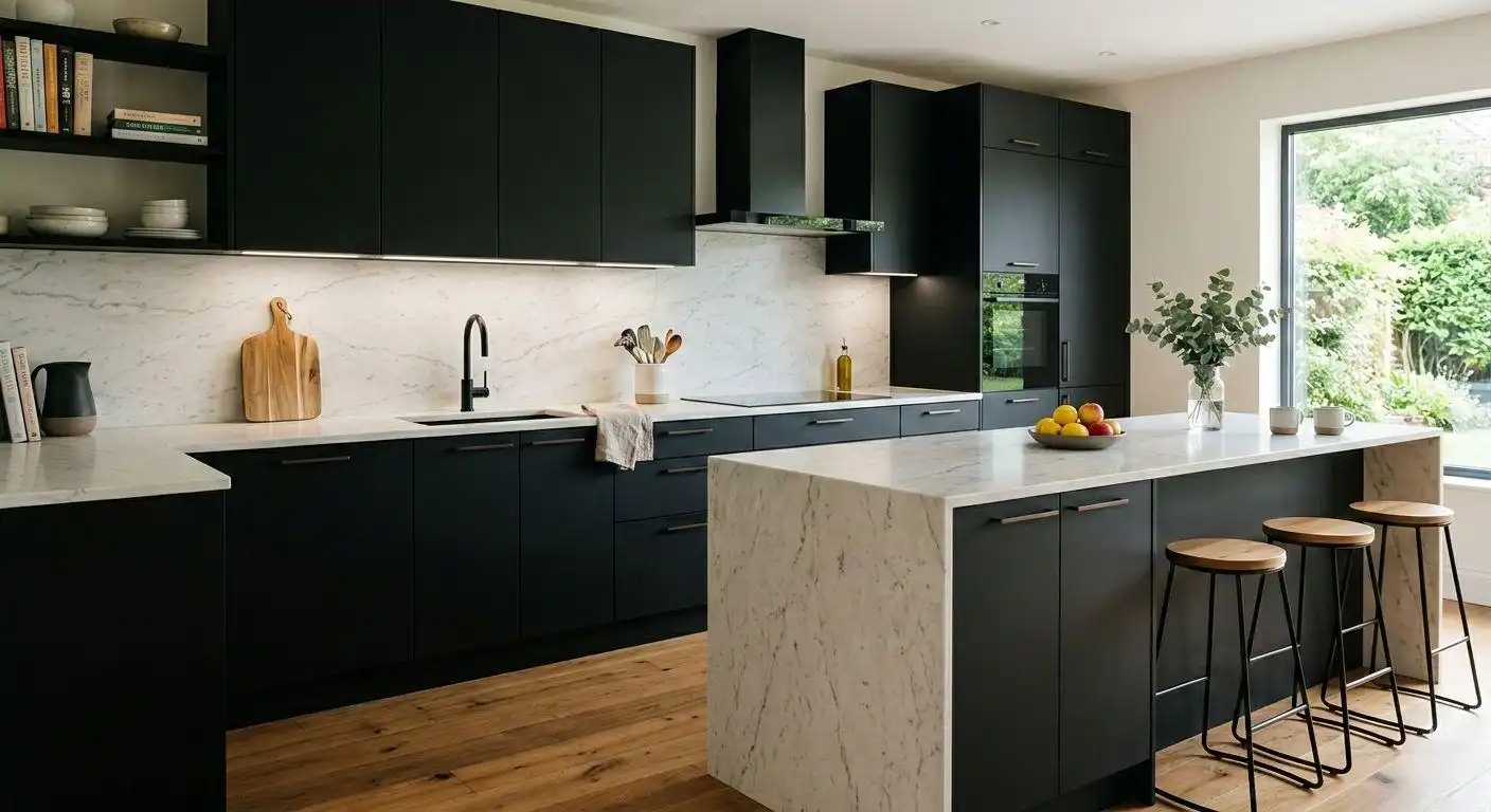 Matte Black Kitchen Cabinet 1 Matte black kitchen cabinets featuring gold handles, open wood shelving, and a white marble breakfast bar island.