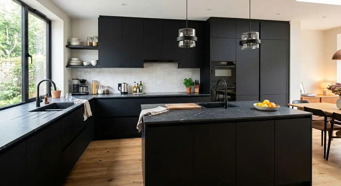 Modern matte black kitchen cabinets with a white marble waterfall island and light wood flooring in a bright open-concept home.