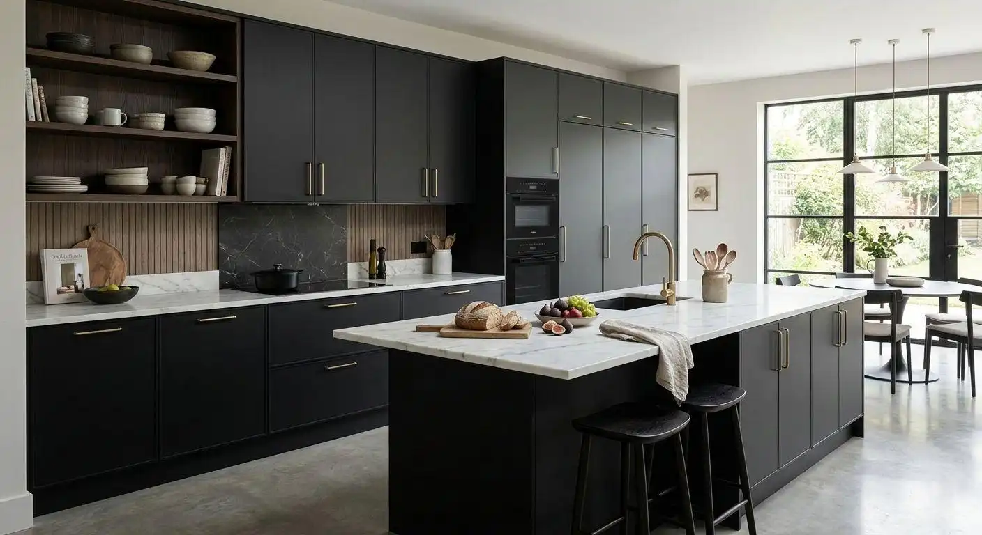 Matte Black Kitchen Cabinet 3 Minimalist matte black kitchen cabinets with matching black countertops, integrated ovens, and contemporary glass pendant lighting.