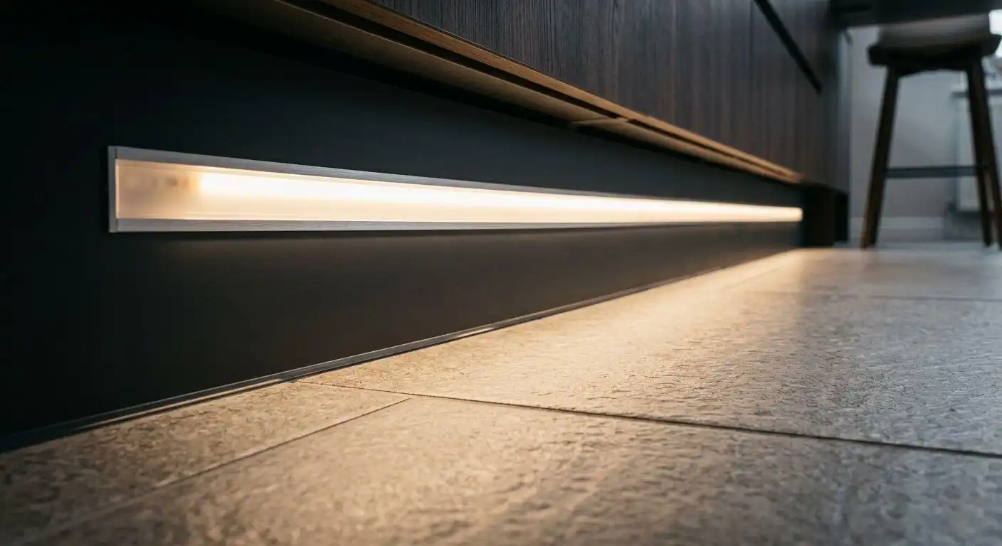 Close-up of modern dark kitchen cabinets with integrated LED strip lighting in the toe kick area.