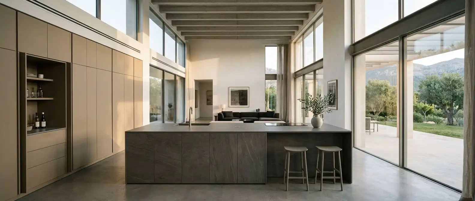 Spacious minimalist kitchen cabinets with floor-to-ceiling beige cabinets, a stone island, and large windows.