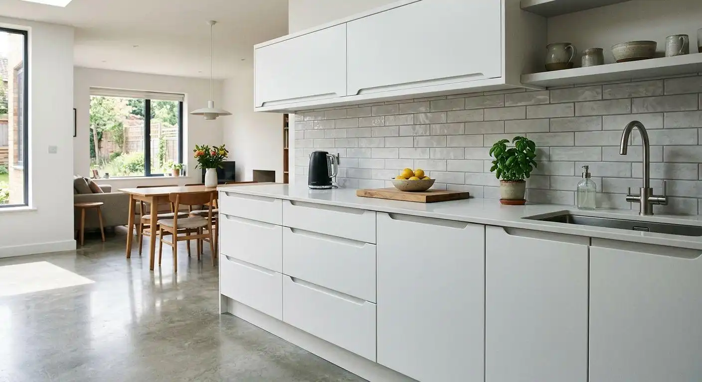 Contemporary white handleless kitchen cabinets with integrated finger pulls and light grey subway tile backsplash.