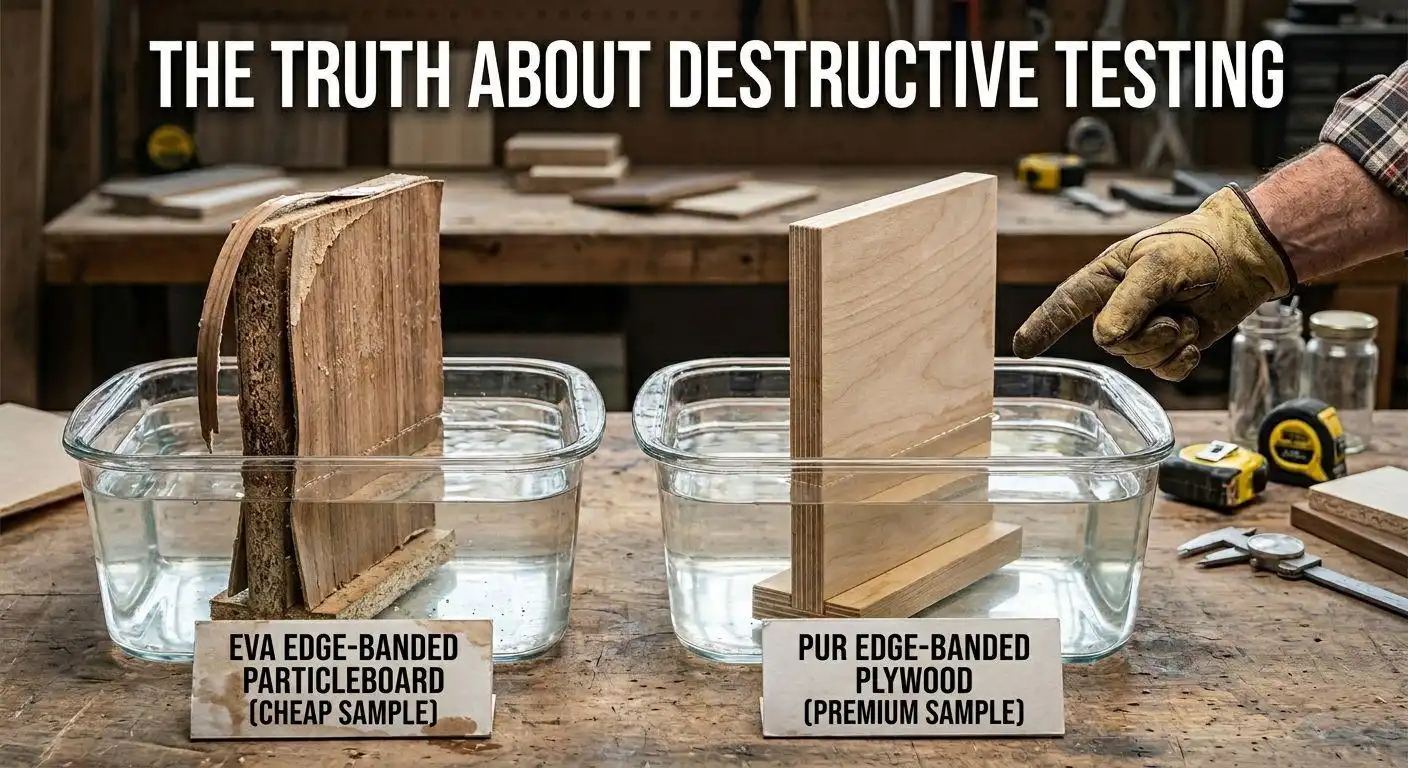 Side-by-side water immersion test comparing EVA edge-banded particleboard and PUR edge-banded plywood durability.