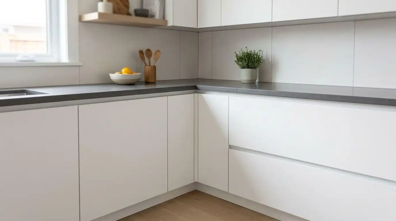 Modern minimalist white handleless L-shaped corner kitchen cabinet with a dark grey quartz countertop.