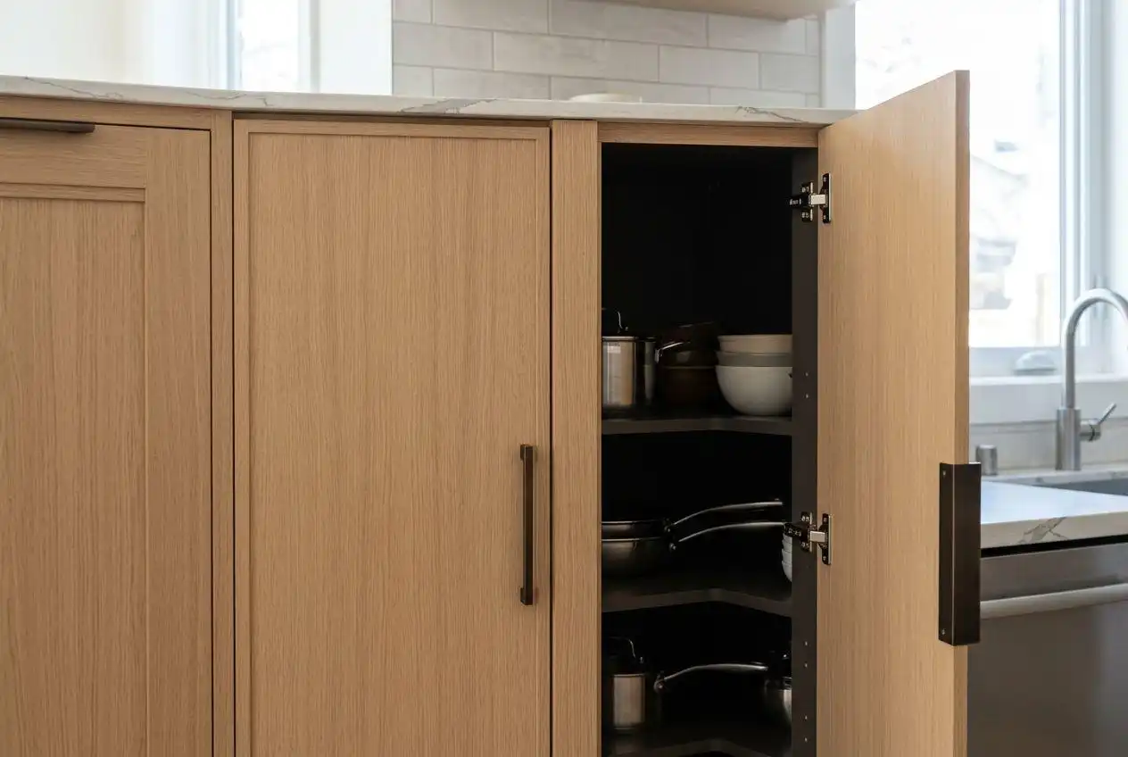 Light oak wood corner kitchen cabinet with open bi-fold doors revealing L-shaped interior shelving for pots and pans.