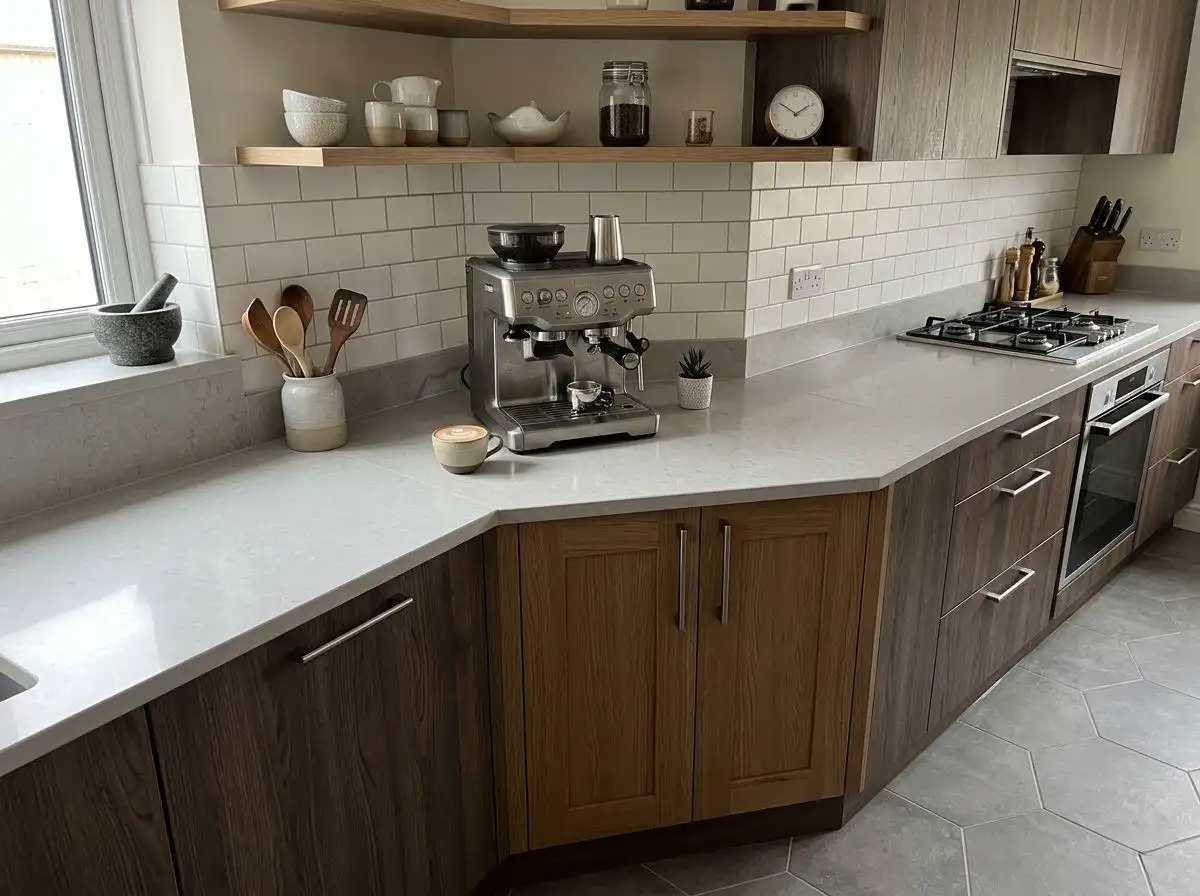Diagonal base corner kitchen cabinet with wood finish doors and matching wooden floating corner shelves above.