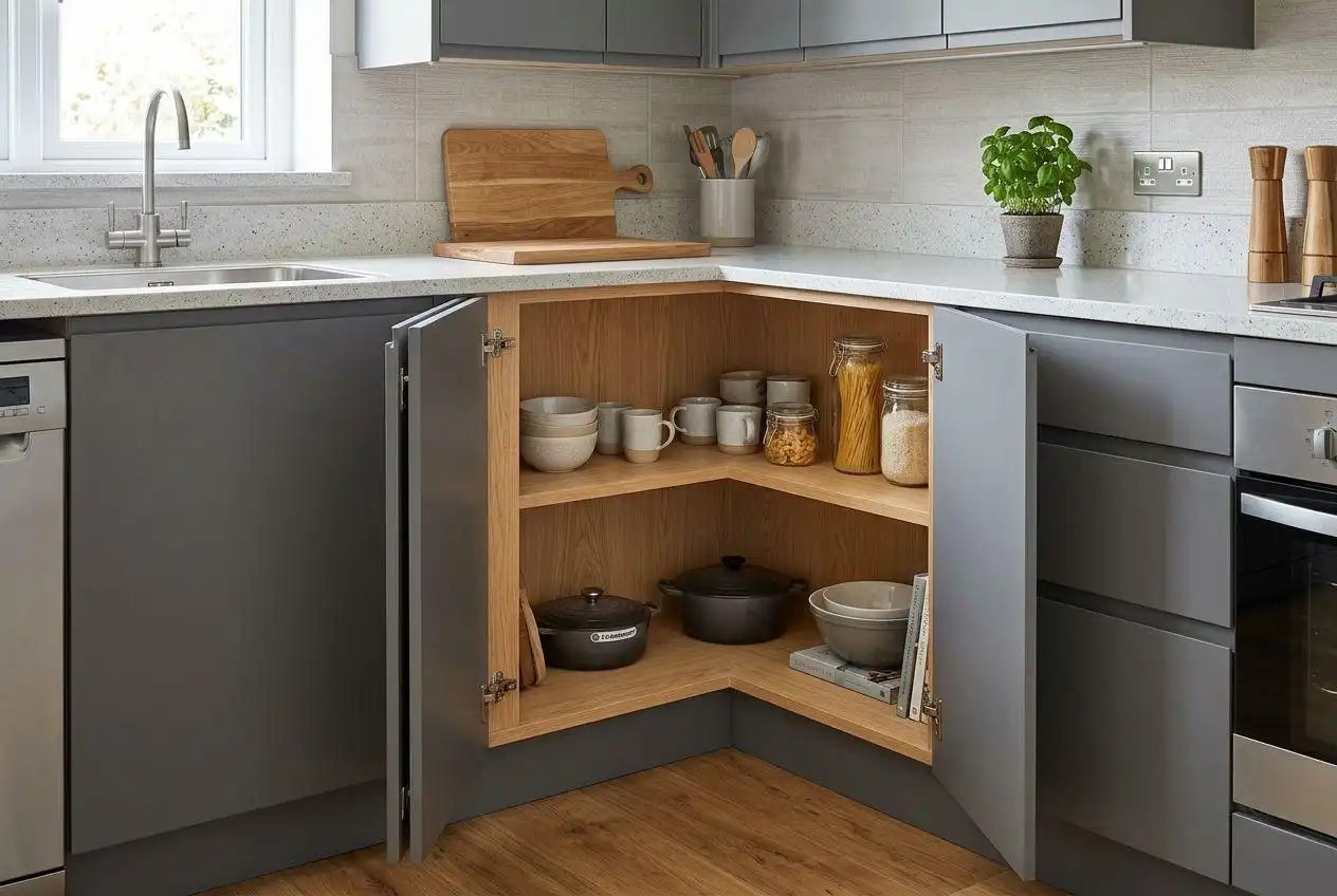 Open grey L-shaped corner kitchen cabinet with wooden interior shelving and soft-close hinges.