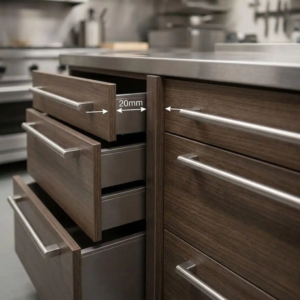 Close up of a wood grain corner kitchen cabinet showing a 20mm filler piece for drawer handle clearance.