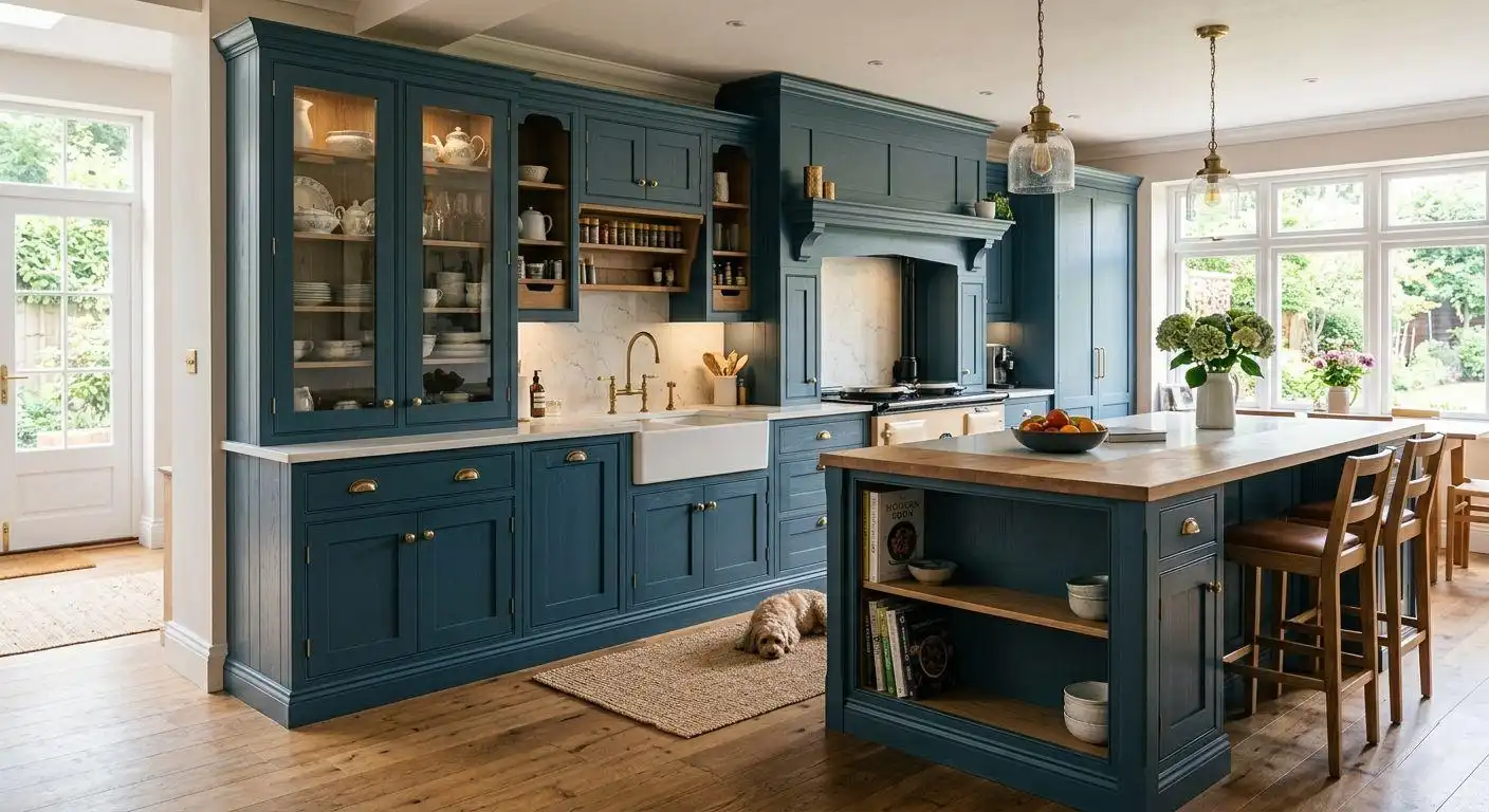 Custom teal cabinetry in a traditional kitchen featuring glass-front display cabinets, a farmhouse sink, and a large butcher block island.