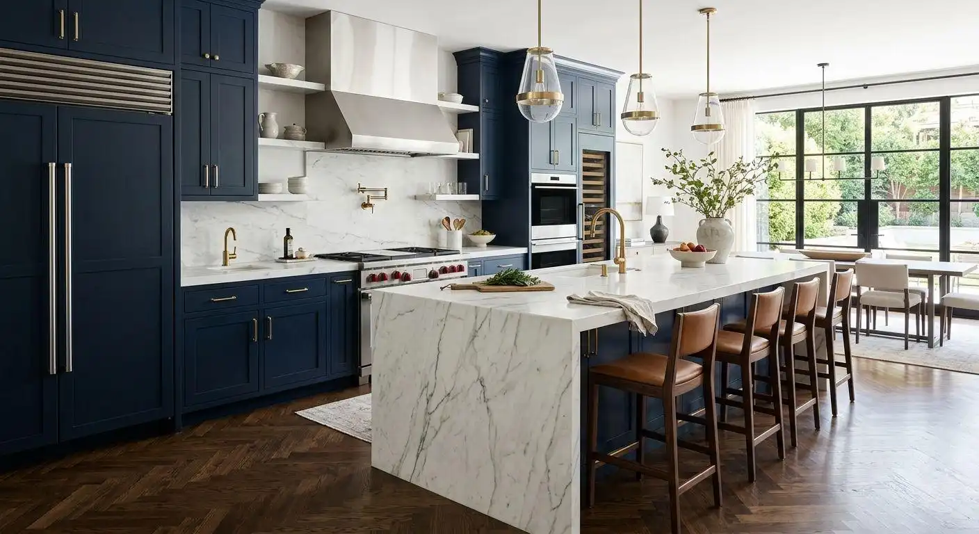 Modern custom navy blue cabinetry with gold hardware, integrated high-end appliances, and a dramatic waterfall marble island.