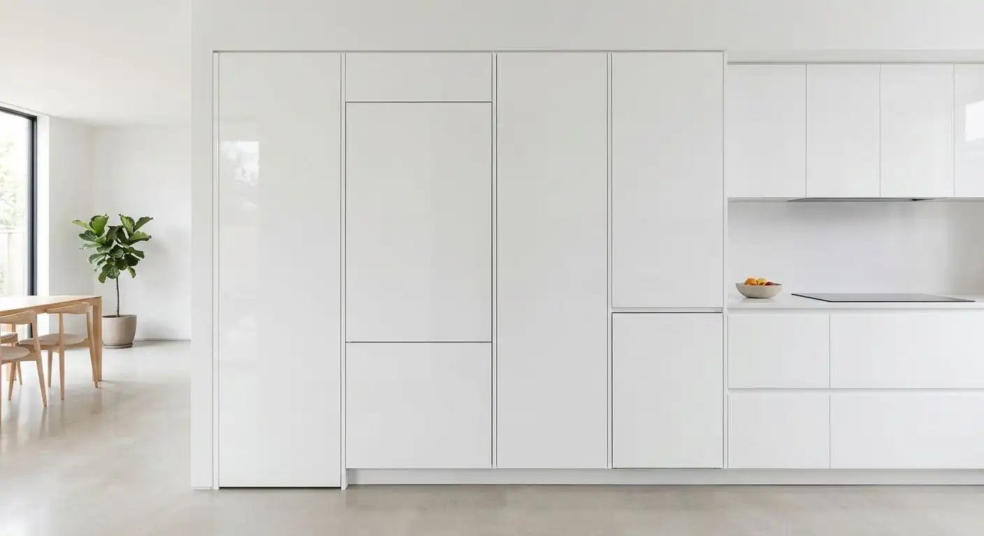Ultra-minimalist custom white cabinetry with a handleless design and integrated appliances for a seamless, flush-wall appearance.