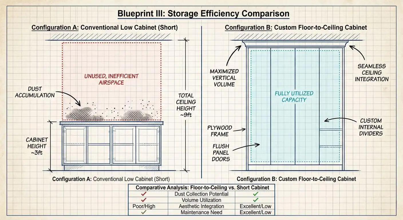 A technical comparison blueprint showing the storage efficiency of custom floor-to-ceiling cabinetry versus conventional low cabinets.