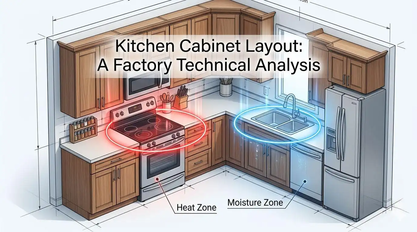 A technical kitchen cabinet layout guide diagram illustrating the 