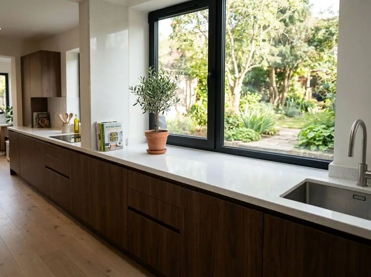 kitchen cabinet layout guide 3 A minimalist galley-style kitchen cabinet layout guide featuring dark wood lower units, a white quartz countertop, and a large window overlooking a garden.