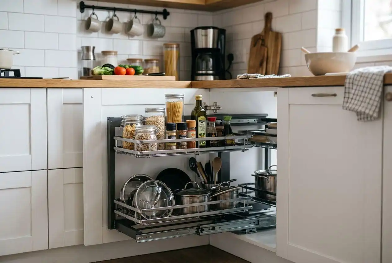 kitchen cabinet layout guide 4 An interior view of a corner kitchen cabinet layout guide showing a stainless steel pull-out organizer filled with pots, pans, and pantry staples in a white Shaker-style kitchen.