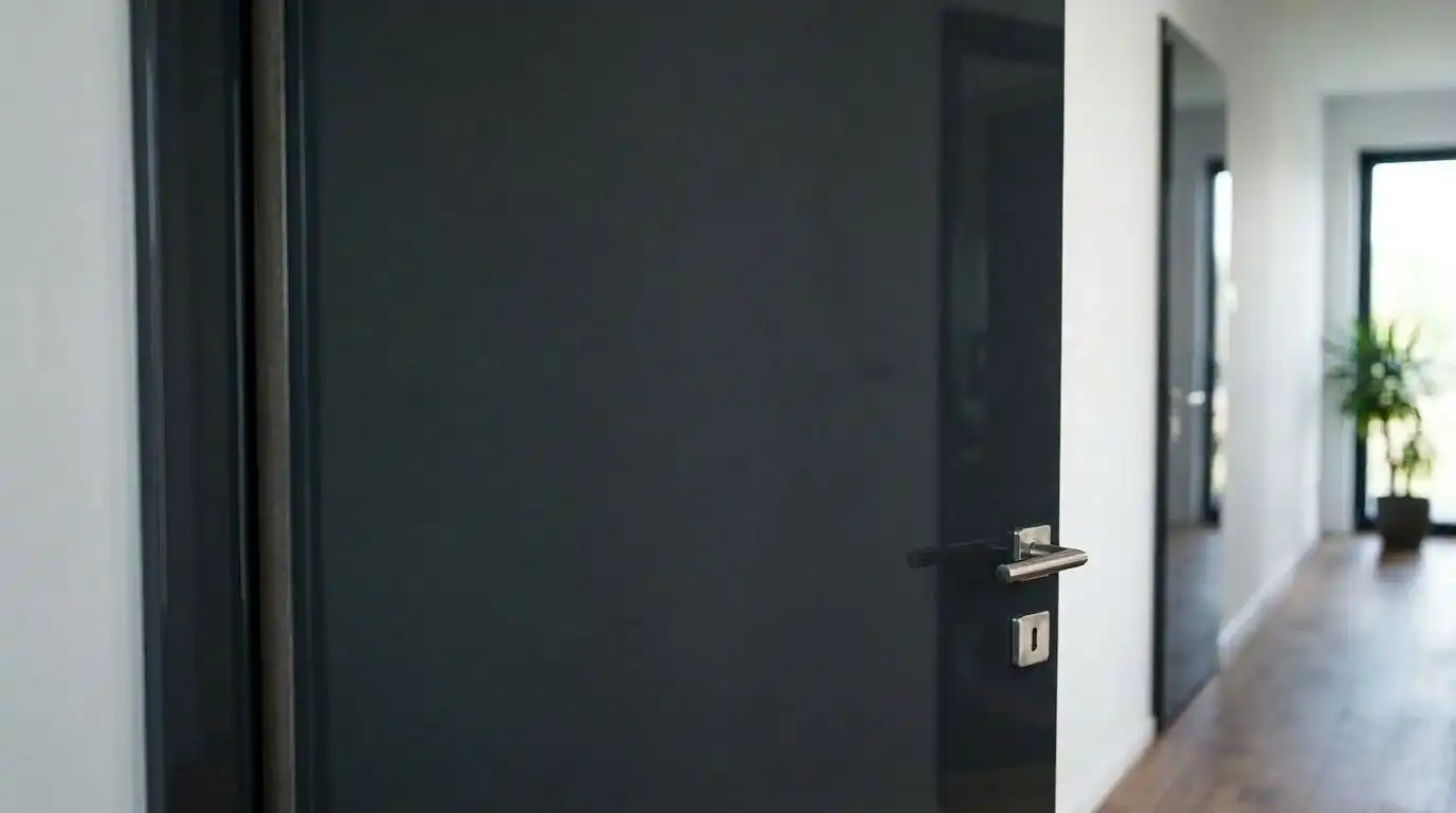 Close-up of a modern, dark charcoal high-gloss kitchen cabinet door with a sleek silver handle, reflecting the surrounding interior light.