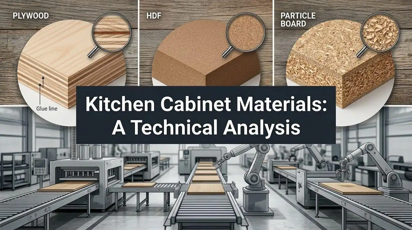 A technical comparison of three kitchen cabinet materials: Plywood with visible glue lines, HDF with a smooth dense core, and Particle Board showing a coarse wood chip structure.