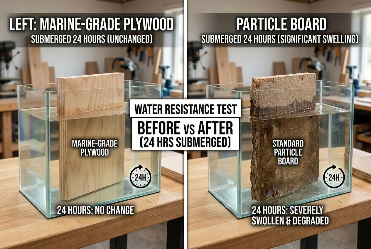 A side-by-side 24-hour water resistance test showing Marine-grade plywood remaining unchanged while standard particle board is severely swollen and degraded after submersion.