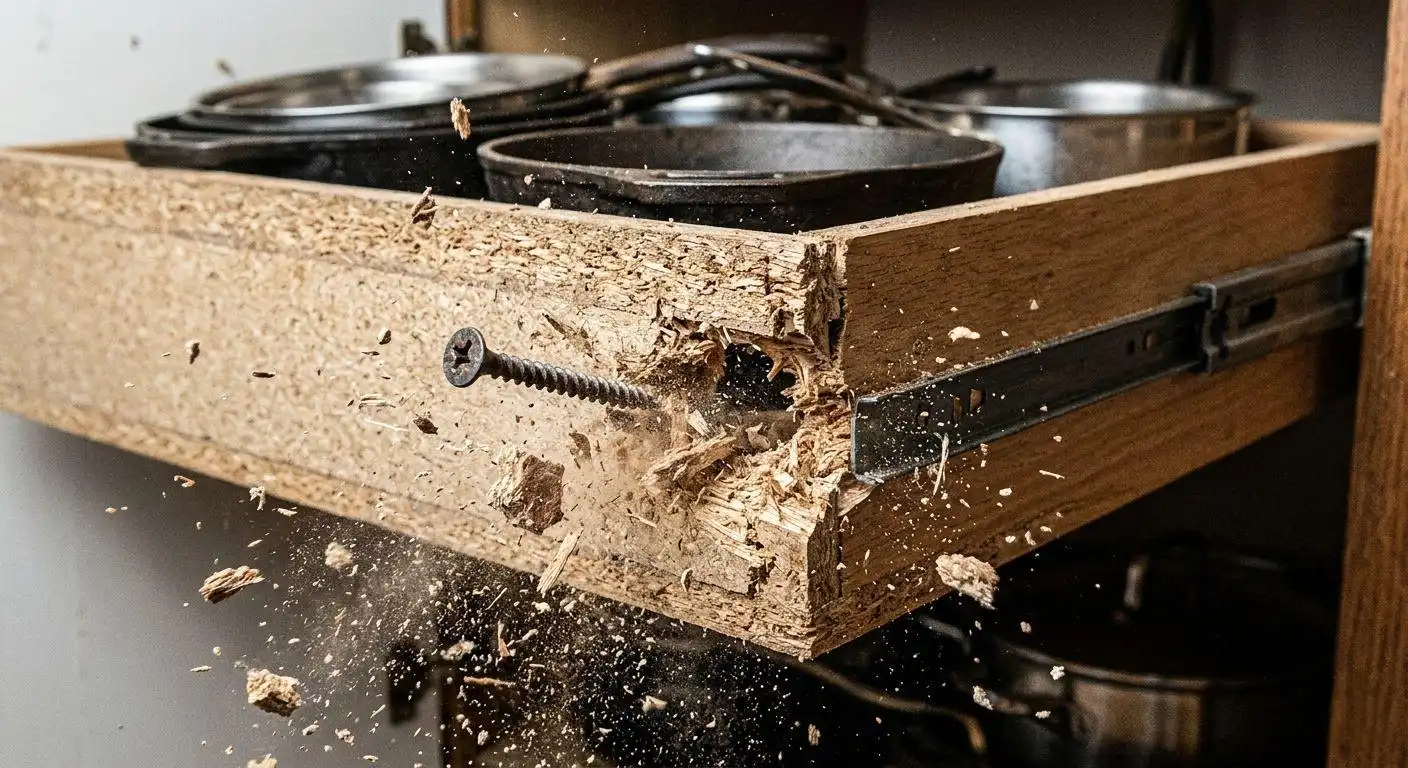 A dramatic close-up of a metal screw being driven into the particleboard side of a kitchen drawer. The drawer, which is full of metal pots, is dramatically splitting apart, with sawdust and wood chunks flying everywhere in an explosive spray.