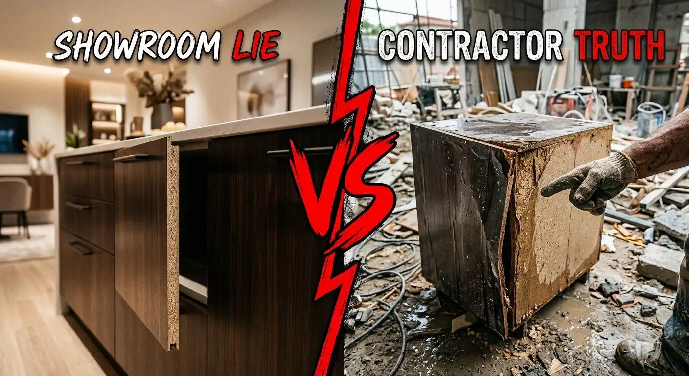 A custom kitchen cabinet materials split-screen comparison image. The left side, titled 