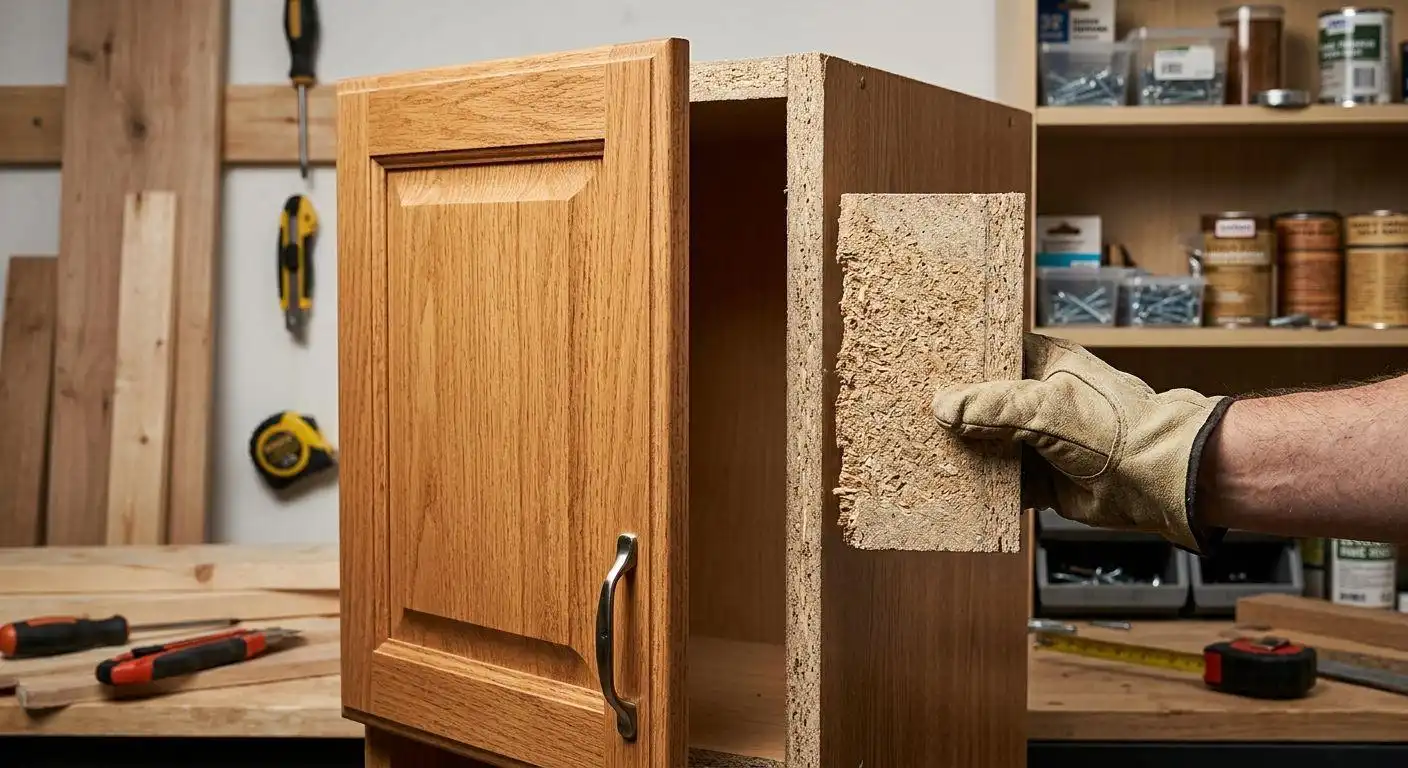 A close-up of a person in a work glove pulling a piece of particleboard from a wooden cabinet frame. The cabinet has a traditional raised-panel wooden door and a metal pull handle. The background is a cluttered workshop with tools and storage.