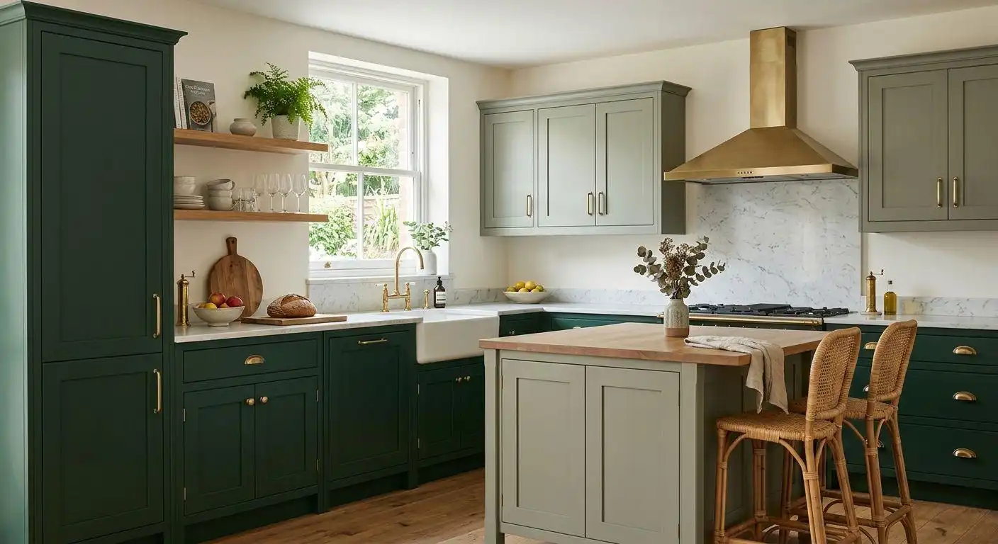 modern kitchen cabinet colors 1 A spacious kitchen featuring dark forest green lower cabinets and light sage green upper cabinets, accented with gold hardware and a brass range hood.