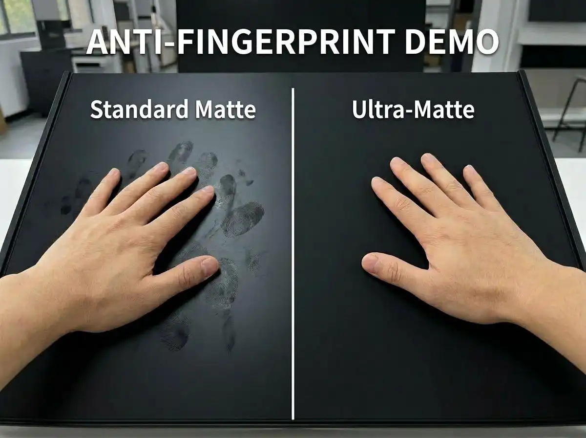 modern kitchen cabinet colors 3 A side-by-side comparison of two black cabinet surfaces labeled Standard Matte and Ultra-Matte, demonstrating how Ultra-Matte resists visible handprints.