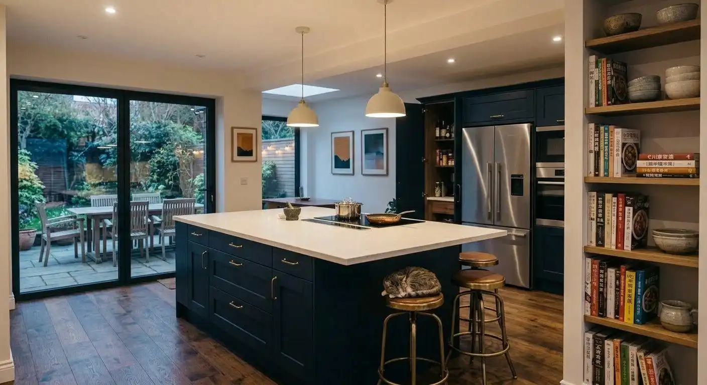 under kitchen cabinet lights 1 A spacious open-concept kitchen featuring navy blue cabinetry, a large central island, and subtle under kitchen cabinet lights providing ambient glow in the background.