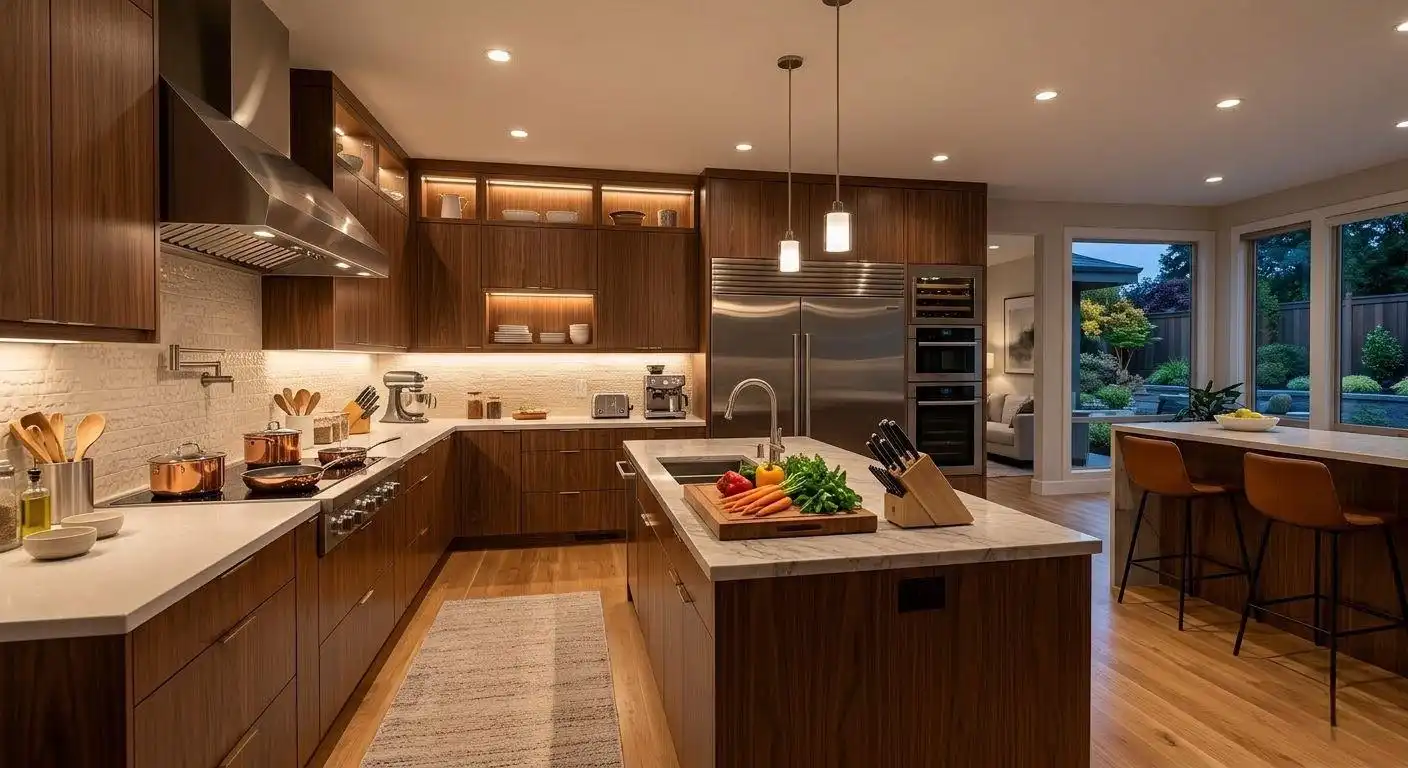 under kitchen cabinet lights 2 A contemporary kitchen with vertical wood grain cabinets featuring extensive under kitchen cabinet lights and illuminated upper glass-front display shelves.