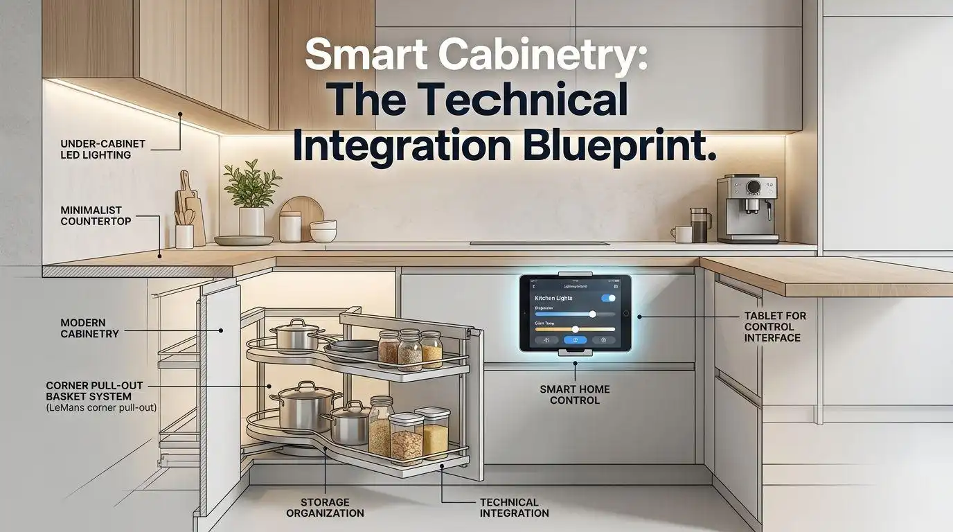 A technical diagram of a modern kitchen showing under kitchen cabinet lights, a corner pull-out basket system, and a smart home control tablet integrated into the cabinetry.