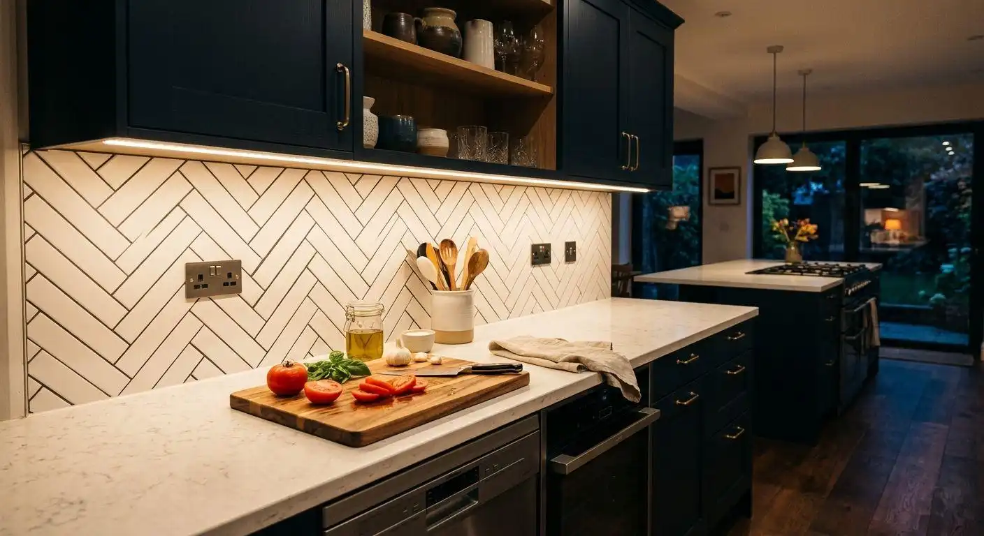 under kitchen cabinet lights 4 Warm under kitchen cabinet lights illuminating a white marble countertop and a white herringbone tile backsplash in a kitchen with navy blue cabinets.