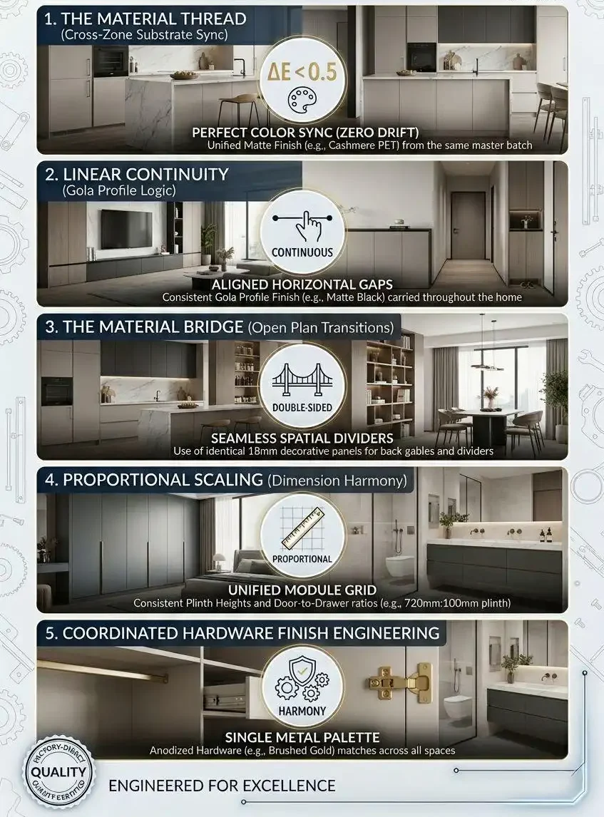Infographic showing 5 design language cohesion blueprints for whole house custom cabinetry featuring material sync and hardware engineering.