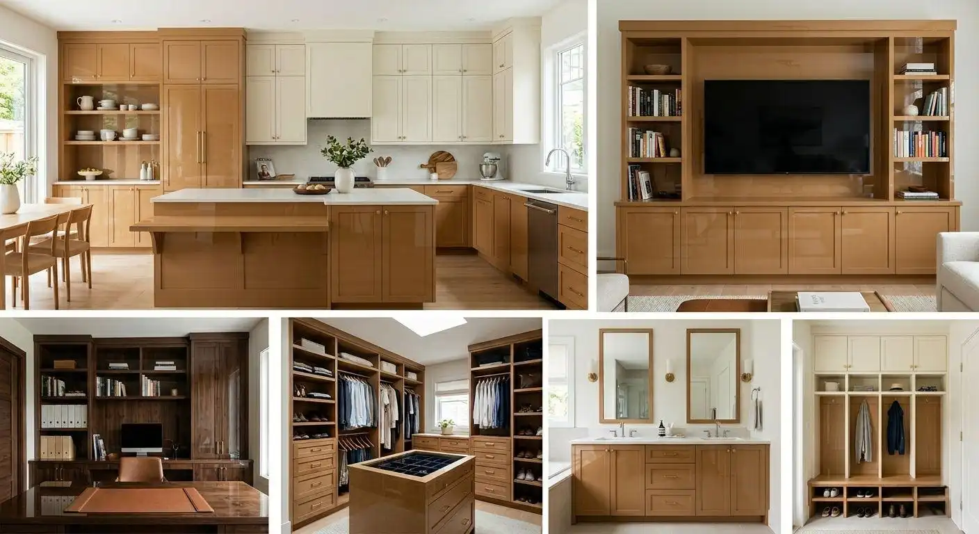 Collage of whole house custom cabinetry including a warm oak kitchen, built-in media center, walk-in closet, home office, and bathroom vanity.