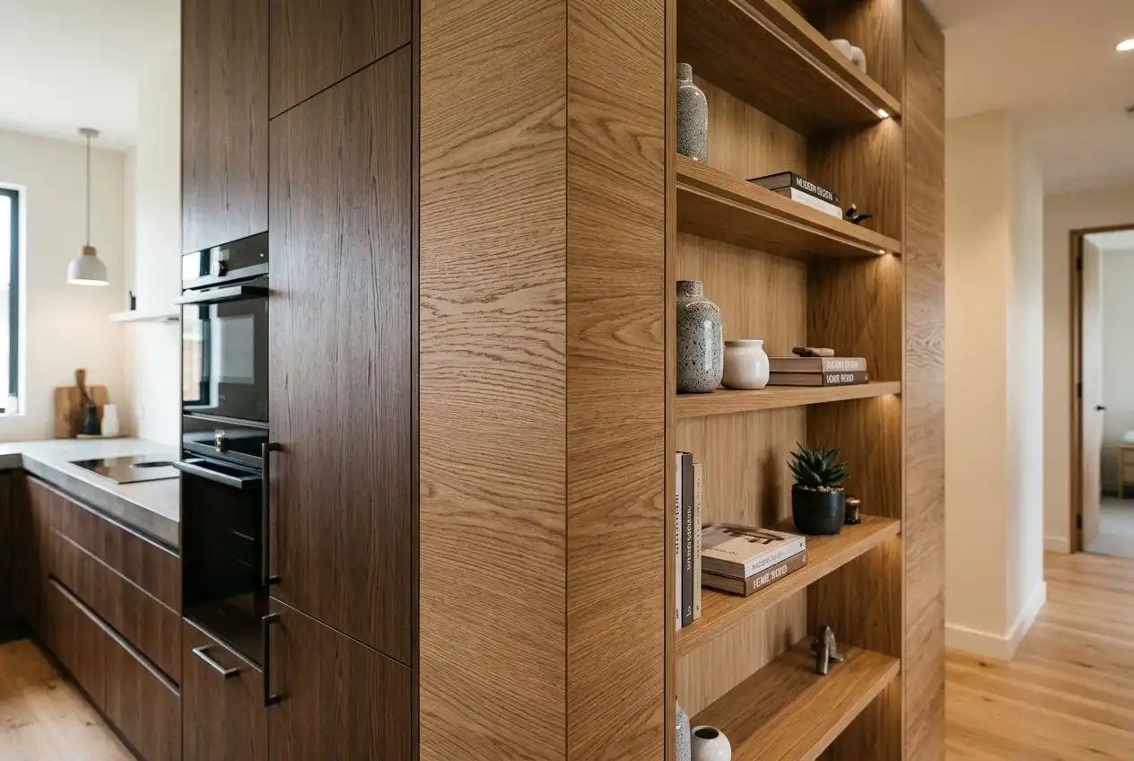 Open-concept living and dining area featuring floor-to-ceiling walnut custom cabinetry and a matching kitchen island.